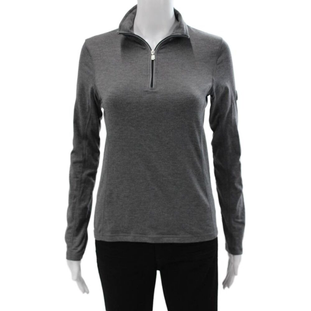 Bogner Women Basic Collared Long Sleeve Gray T Shirt Zip Polyester Size M